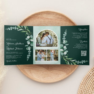 Invitation Trois Volets Code QR de photo de branche d'eucalyptus Mariage é