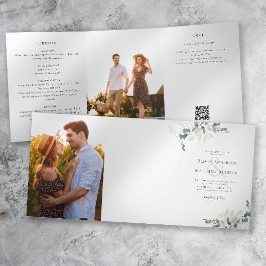 Invitation Trois Volets Code QR de photo de mariage à l'eucalyptus Tout en