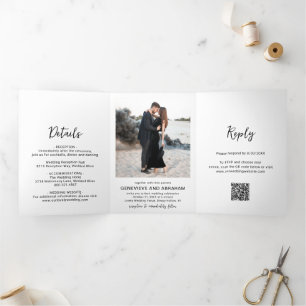Invitation Trois Volets Code QR de photo noir et blanc propre mariage mode