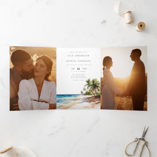 Invitation Trois Volets Code QR de plage tropicale 3 Photo Mariage (Intérieur)