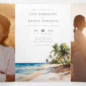 Invitation Trois Volets Code QR de plage tropicale 3 Photo Mariage (Intérieur au milieu)