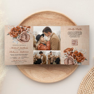Invitation Trois Volets Code QR de rose orange brûlée en toile de jute rus