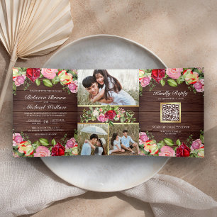 Invitation Trois Volets Code QR de roses roses et rouges romantiques Maria