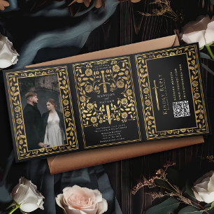 Invitation Trois Volets Code QR du Mariage d'épée médiévale noire