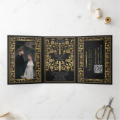 Invitation Trois Volets Code QR du Mariage d'épée médiévale noire (Intérieur)