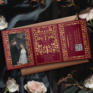Invitation Trois Volets Code QR du Mariage d'épée médiévale rouge