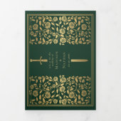 Invitation Trois Volets Code QR du Mariage d'épée médiévale verte (Page de couverture)