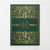 Invitation Trois Volets Code QR du Mariage d'épée médiévale verte (Page de couverture)