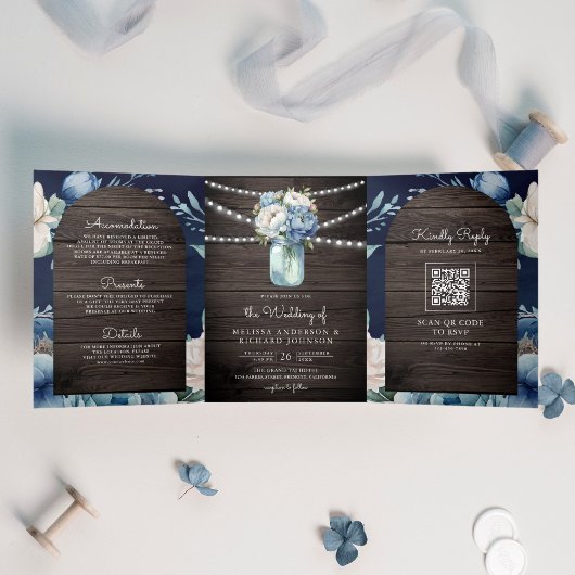 Invitation Trois Volets Code QR du pot Mason de pivoine bleu poussiéreux M