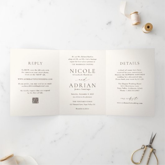 Invitation Trois Volets Code QR Élégant Mariage Ivoire Classique (Intérieur)