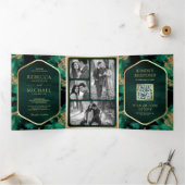 Invitation Trois Volets Code QR Encre Fluide Abstraite Or Émeraude Mariage (Intérieur)