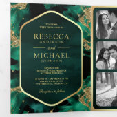 Invitation Trois Volets Code QR Encre Fluide Abstraite Or Émeraude Mariage (Intérieur en premier)
