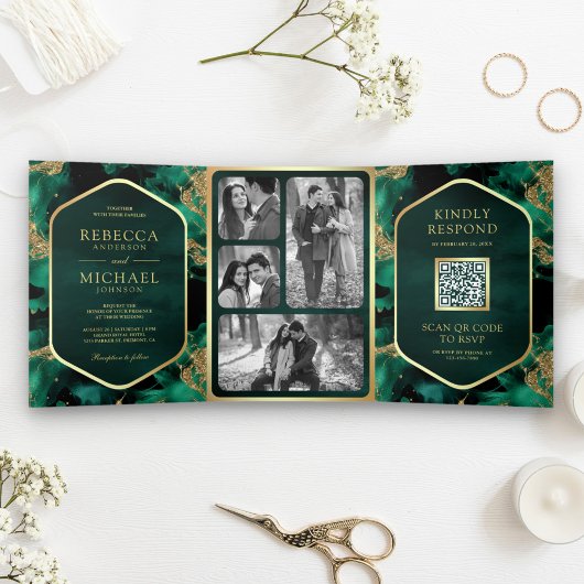 Invitation Trois Volets Code QR Encre Fluide Abstraite Or Émeraude Mariage