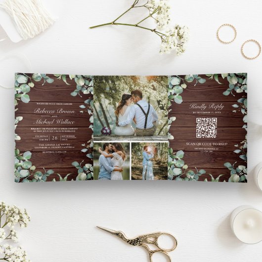 Invitation Trois Volets Code QR Eucalyptus Moderne Bois Rustique Mariage