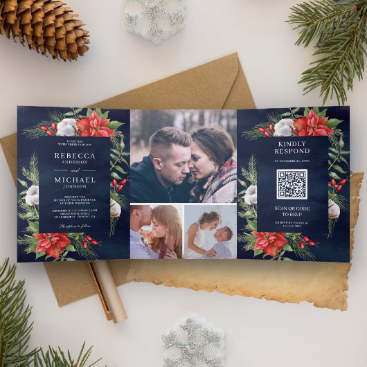 Invitation Trois Volets Code QR Euphorbe rustique Noël Mariage Nuit
