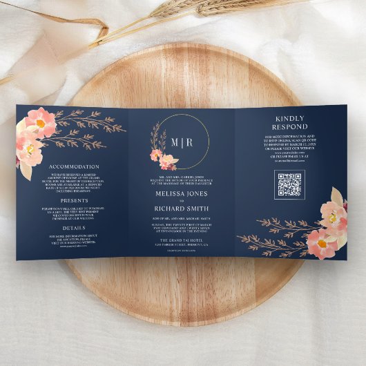 Invitation Trois Volets Code QR Fleurs de mariage Bohème Orchidée pêche bl