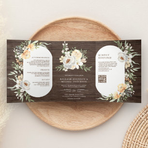 Invitation Trois Volets Code QR Fleurs de Pêche à l'aquarelle Mariage en B