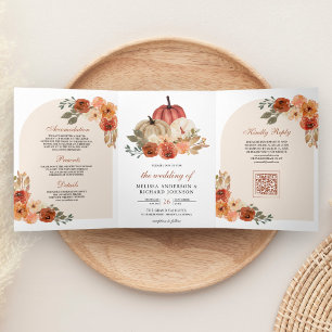 Invitation Trois Volets Code QR Fleurs Orange Brûlée Terreuse Mariage Citr