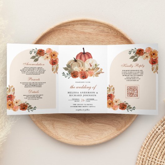 Invitation Trois Volets Code QR Fleurs Orange Brûlée Terreuse Mariage Citr