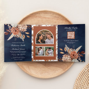 Invitation Trois Volets Code QR Fleurs Terracotta Mariage Navy Tout en Un