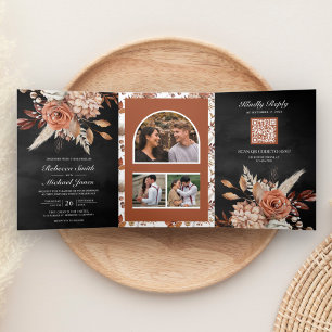 Invitation Trois Volets Code QR Fleurs Terre Cuite Tout en Un Mariage Noir