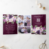 Invitation Trois Volets Code QR Fleurs Violettes Mariage Foncé Plum (Intérieur)
