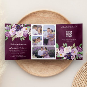 Invitation Trois Volets Code QR Fleurs Violettes Mariage Foncé Plum