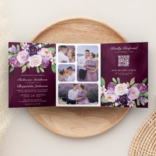 Invitation Trois Volets Code QR Fleurs Violettes Mariage Foncé Plum