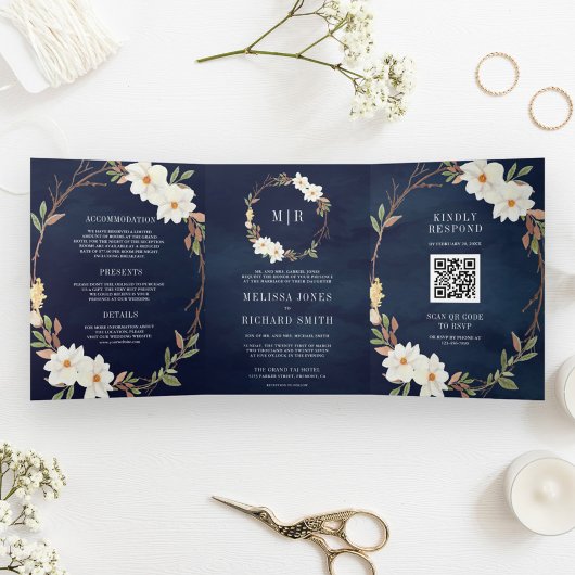 Invitation Trois Volets Code QR Floral Magnolia Blanc Rustique Mariage Nav