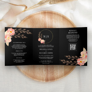 Invitation Trois Volets Code QR Floral Mariage Orchidée Péché Bohème Noir