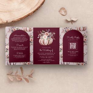 Invitation Trois Volets Code QR Floral Neutre Citrouille Bordeaux Mariage