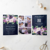 Invitation Trois Volets Code QR Floral Pourpre Rustique Mariage Bleu Marin (Intérieur)