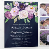 Invitation Trois Volets Code QR Floral Pourpre Rustique Mariage Bleu Marin (Intérieur en premier)