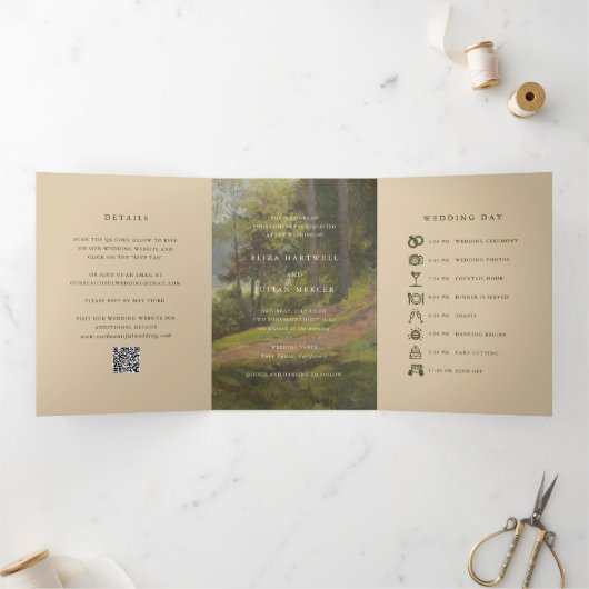 Invitation Trois Volets Code QR Forêt Rustique Élégant Mariage (Intérieur)