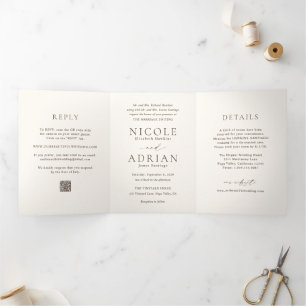 Invitation Trois Volets Code QR ivoire classique Mariage élégant