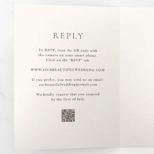 Invitation Trois Volets Code QR ivoire classique Mariage élégant (Intérieur en premier)