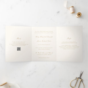 Invitation Trois Volets Code QR Ivoire et Or Propre Mariage Élégant
