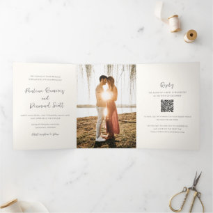 Invitation Trois Volets Code QR ivoire moderne Mariage simple