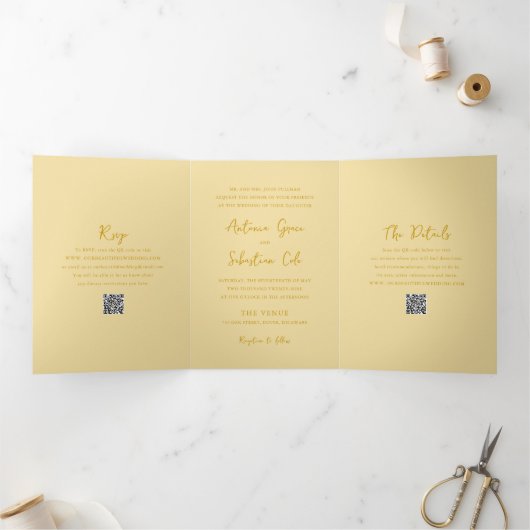 Invitation Trois Volets Code QR Jaune Beurre Élégant Mariage Moderne (Intérieur)