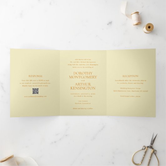 Invitation Trois Volets Code QR Jaune Beurre Moderne Élégant Mariage (Intérieur)