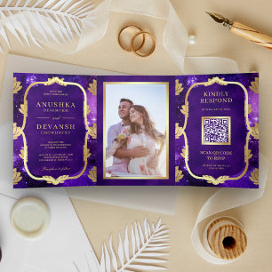 Invitation Trois Volets Code QR Lotus Doré Galaxie Violette Mariage Indien