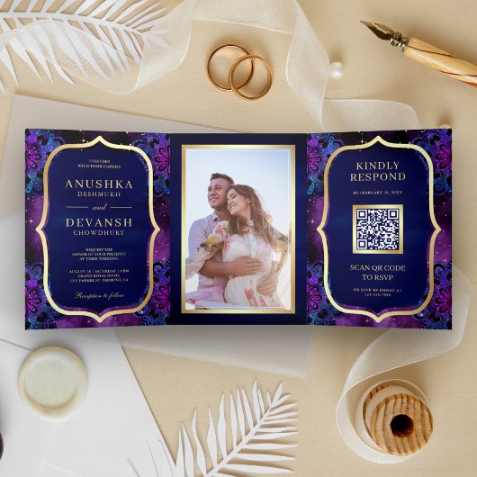 Invitation Trois Volets Code QR Mandala Bleu Galaxie Violette Mariage Indi