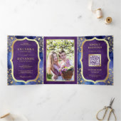 Invitation Trois Volets Code QR Mandala Galaxie Tournesol Mariage Indien (Intérieur)