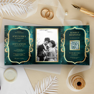 Invitation Trois Volets Code QR Mandala Or Galaxie Sarcelle Mariage Indien