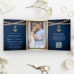 Invitation Trois Volets Code QR Mariage Ancre Or Bleu Marine