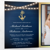 Invitation Trois Volets Code QR Mariage Ancre Or Bleu Marine (Intérieur en premier)