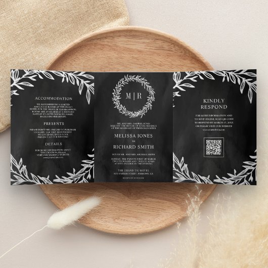 Invitation Trois Volets Code QR Mariage Branche de Feuille Argent Gris Cha