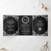 Invitation Trois Volets Code QR Mariage Branche de Feuille Argent Gris Cha (Intérieur)