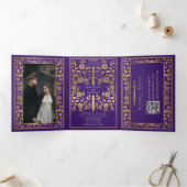 Invitation Trois Volets Code QR Mariage d'épée médiévale violette (Intérieur)