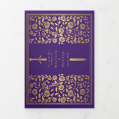 Invitation Trois Volets Code QR Mariage d'épée médiévale violette (Page de couverture)